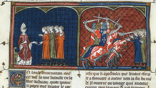 Le Pape Innocent III excommunie les Albigeois (gauche), Simon de Montfort (droite)